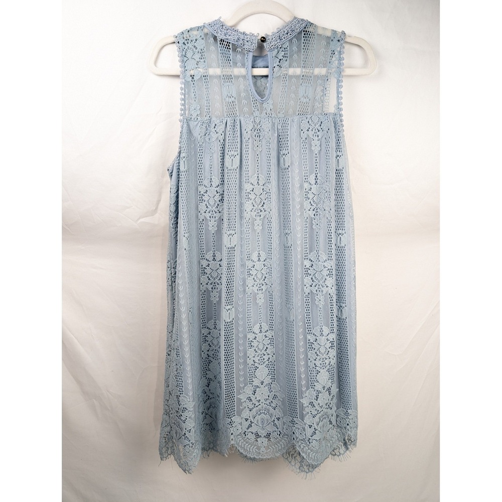 Floral Lace Victorian Shift Dress M Light Blue High Neck Regency Fairy Prairie - Picture 9 of 10
